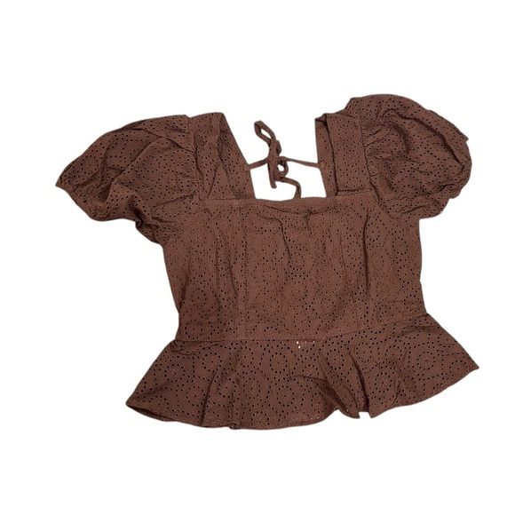 Band of the Free Brown Palmer Eyelet Boho Peplum Stretch Top Womens Sz Large NWT - Picture 4 of 13